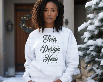 White Gildan 18000 Mockup Gildan White Sweatshirt Mockup Sweatshirt Black Model Mockup White Gildan Sweater Mockups Christmas Mockup Xmas