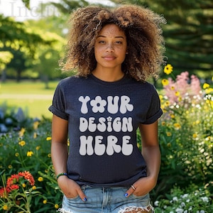 Black Model Mockup Heather Midnight Navy Bella Canvas 3001 Mockup African American Woman Mockup Black Woman T-Shirt Mockup Heather Navy Blue
