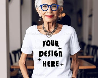 Senior Woman Mockup | White Tshirt Mockup | Iris Apfel Style Model | Eclectic Old Lady Mockup | Grandma Mockup | Quirky Boho Mock