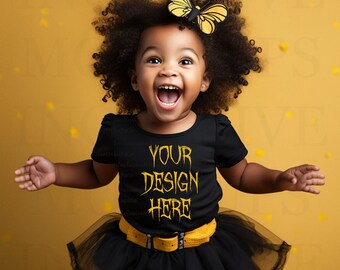 Black Toddler Girl Mockup, Halloween T-Shirt Mockup, Black Shirt Mockup, Halloween Shirt SVG Mockup, African American Child Bumblebee Mockup