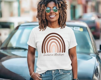 Black Model Mockup | White Bella Canvas 3001 Mockup | African American Lady Mockup | Black Woman T-Shirt Mockup | Outdoors Lifestyle Mockup