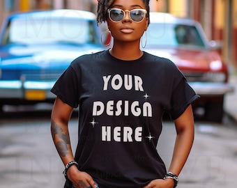 Black Model Mockup | Black Bella Canvas 3001 Mockup | African American Woman Mockup | Black Woman T-Shirt Mockup | Outdoors Lifestyle Mockup