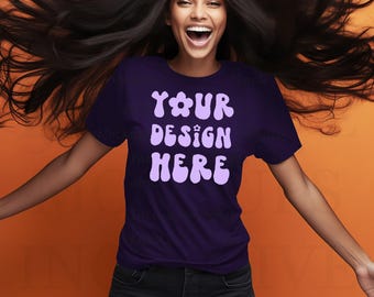 Black Model Mockup, Team Purple Bella Canvas 3001 Mockup, Black Woman T-Shirt Mockup, African American Woman Mockup, Purple Shirt Mockup