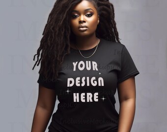 Plus Size Black Model Mockup | Black Bella Canvas 3001 Mockup | Plus Size Mock Up Black T-Shirt | Black Woman Mockup | African American Mock