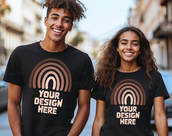 Black Model Mockup Black Bella Canvas 3001 Mockup Black Couple Mockup African American Mockups Matching Shirts Mockup Engagement Interracial