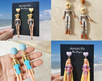 Handmade Barbie Doll Earrings - Stripe Swimsuit/ Miniature Doll Earrings Barbie Jewelry Statement Earrings