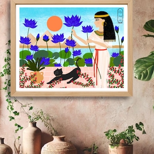 Ancient Egypt Inspired Art Print - Lotus Pond/Pyramid/Home Deco/Wall Deco/Egyptian Mural Style