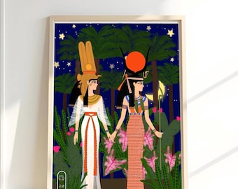 Op het oude Egypte geïnspireerde kunstprint - Nefertari en godin Isis/Egyptische mythe/Home Deco/muurdecoratie/Egyptische muurschildering
