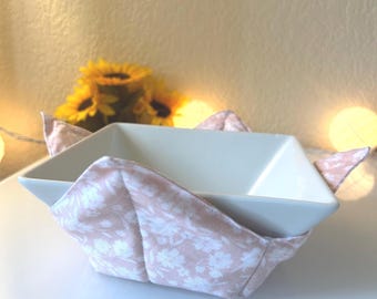 Bowl Cozy - Pink Floral - Microwave Safe Cold and Hot Food Holder - Handmade Cotton Washable