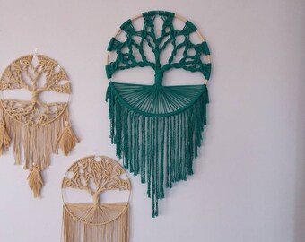 purple wood beads hemp Tree of Life Macrame Wall Hanging with lepidolite healing crystal 32cm x 75cm natural cotton purple feathers.