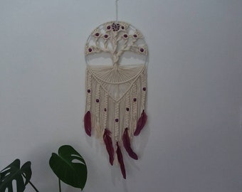 purple wood beads hemp Tree of Life Macrame Wall Hanging with lepidolite healing crystal 32cm x 75cm natural cotton purple feathers.