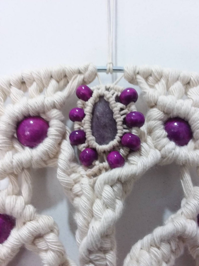 purple wood beads hemp Tree of Life Macrame Wall Hanging with lepidolite healing crystal 32cm x 75cm natural cotton purple feathers.
