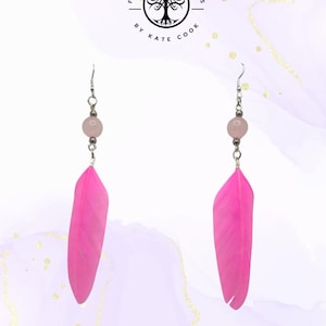 Pink Feather Earrings with Rose Quartz & Silver Hooks | Love Energy Jewellery | Boho Lightweight Earrings | Limited Edition