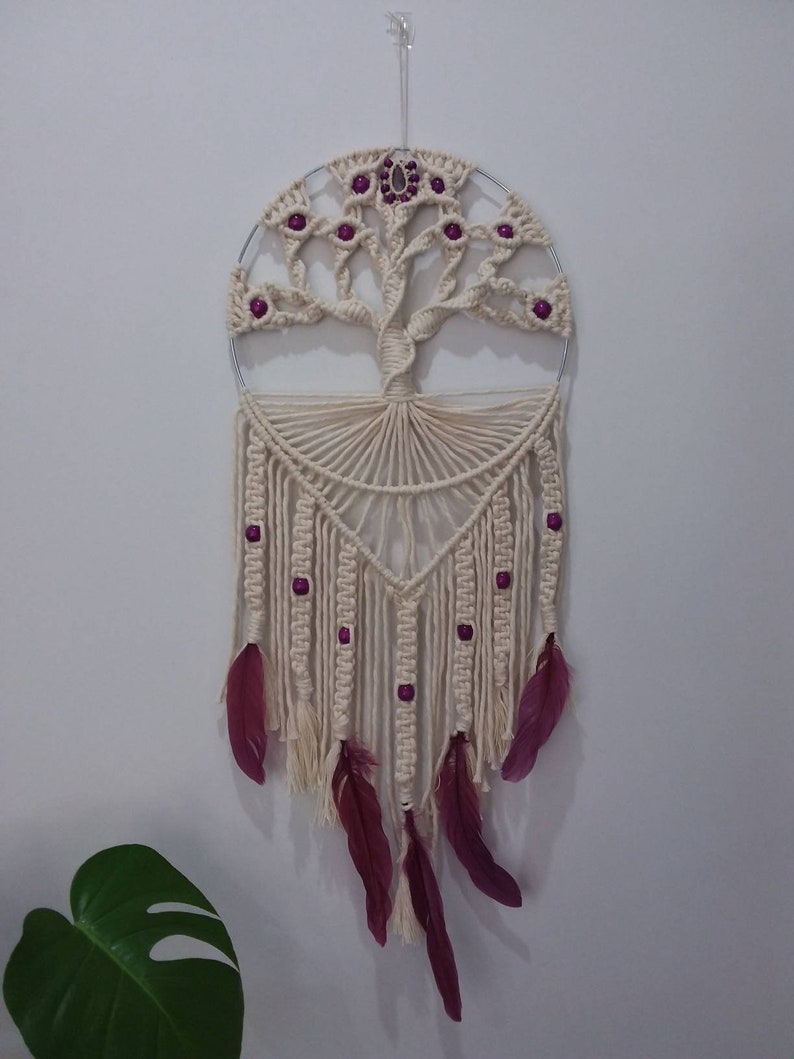 purple wood beads hemp Tree of Life Macrame Wall Hanging with lepidolite healing crystal 32cm x 75cm natural cotton purple feathers.