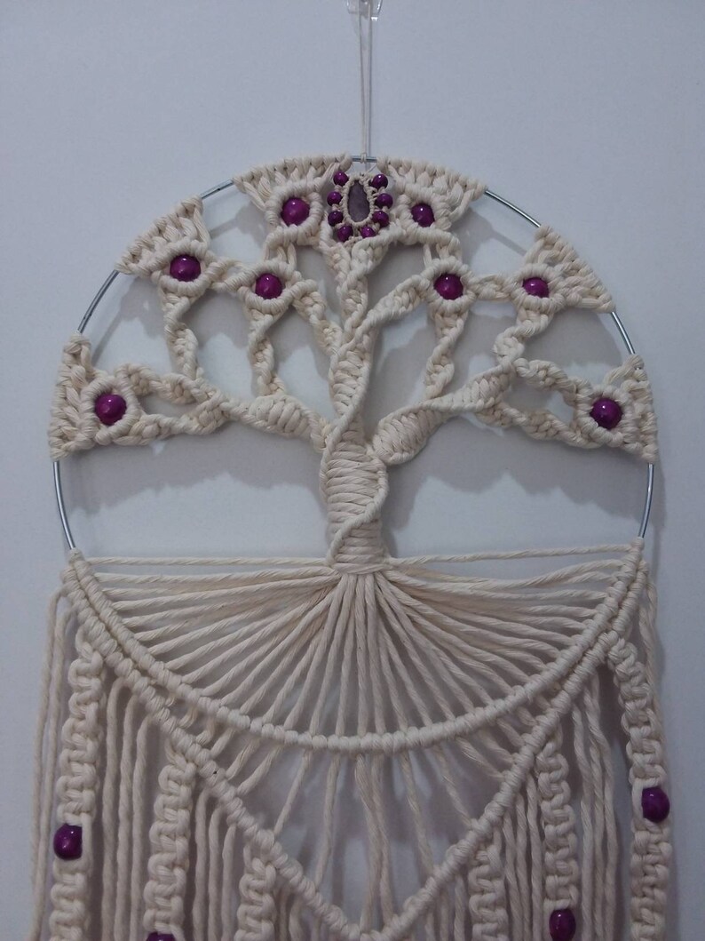 purple wood beads hemp Tree of Life Macrame Wall Hanging with lepidolite healing crystal 32cm x 75cm natural cotton purple feathers.