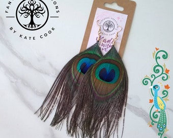 Peacock feather earrings with gold or silver shepherd hooks | Bohemian Earring | Bohemian Feather Accessories | Peacock Feather Jewellery