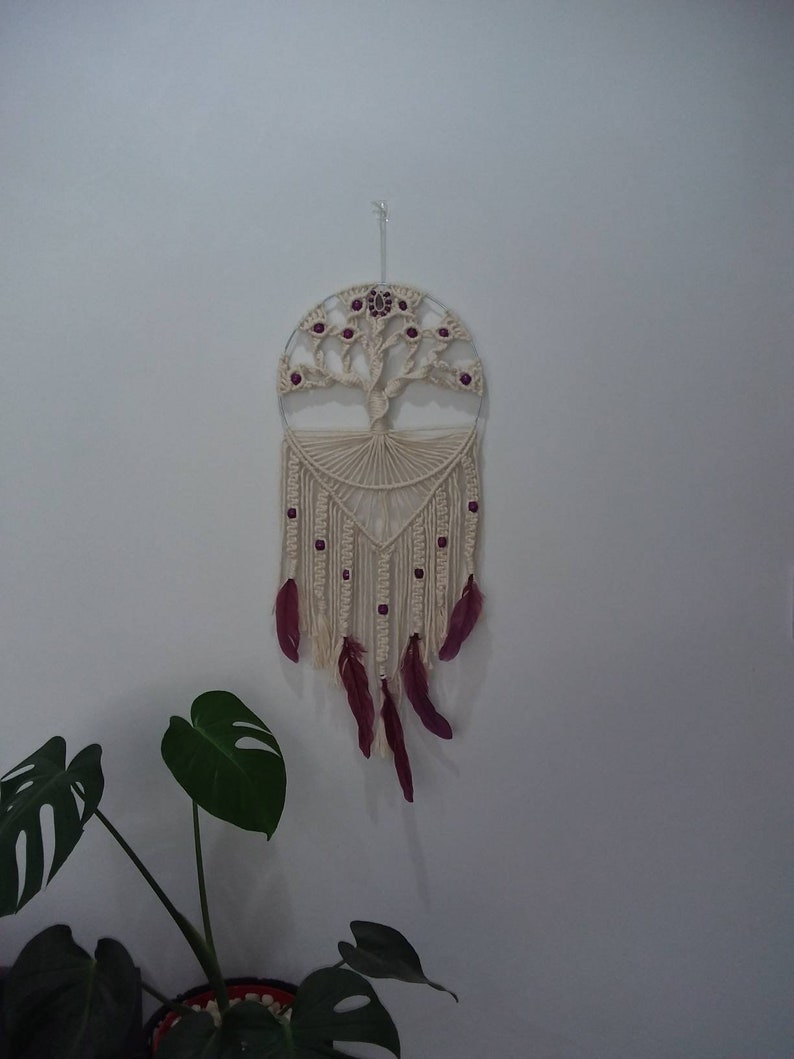purple wood beads hemp Tree of Life Macrame Wall Hanging with lepidolite healing crystal 32cm x 75cm natural cotton purple feathers.
