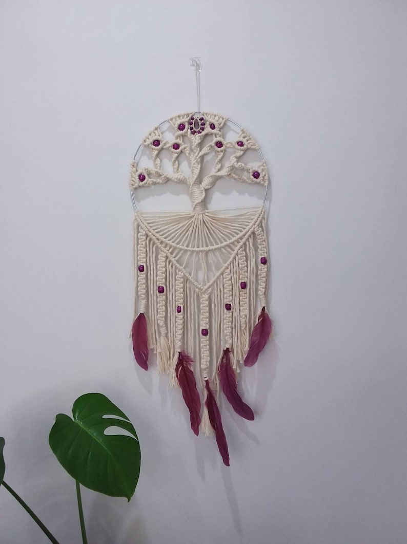 purple wood beads hemp Tree of Life Macrame Wall Hanging with lepidolite healing crystal 32cm x 75cm natural cotton purple feathers.