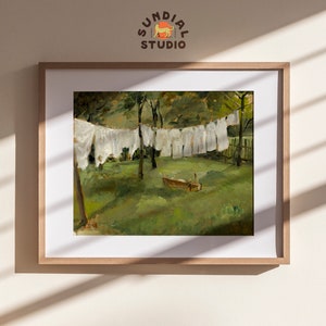 Greenery Landscape Wall Art, Countryside Laundry Wall Decor, Oil Painting Neutral Print, Warm Tone Antique Art, PRINTABLE Farmhouse Art
