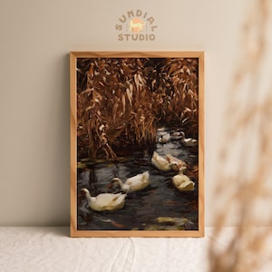 Warm Autumn River Artwork / Ducks in Autumn Reeds Painting / Country Farm House Decor
