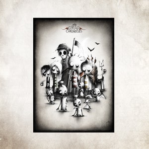 Drawing - "The creepy crew." Spooky group shot with all the characters. Gloomy and dark, sweet and unique. by FREDWARDFALL