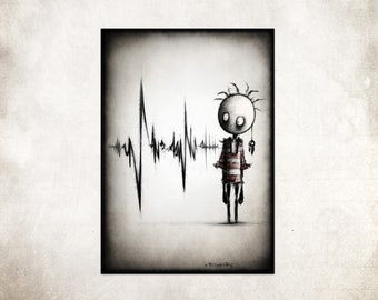 May include: Black and white illustration of a cartoon character with a flatline heart monitor behind them. The character is wearing a striped shirt and has a small object hanging from their ear.