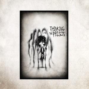 May include: Black and white illustration of a cartoon character with black hair and a skull on their shirt. The character is surrounded by black tendrils and the text "Thinking the Prison" is above them.