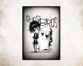 May include: Black and white illustration of a ghost and a person with the text "Ghost Bros" above them.