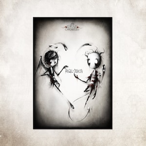 The Crap Chronicles - "the angel and the demon" illustration.  A4. Creepy art from a creepy heart. We belong together. Forever.