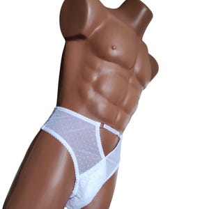 May include: White high-waisted underwear featuring a sheer mesh fabric with a subtle Swiss dot pattern. The garment includes a decorative cutout design at the front, accented by a thin horizontal strap with a small silver-toned metal ring connector.