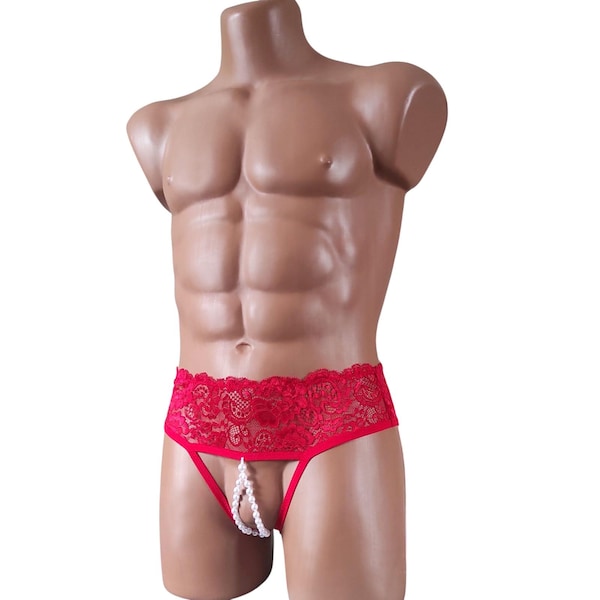 Sissy gay lingerie Red Harness panties FTM Packing Jock Pearl strap Crotchless Mens thong Open Front & Back access Lace pants XXL