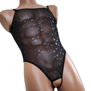 May include: Black sheer bodysuit with a star pattern. The bodysuit has a thong back and a cutout in the front.