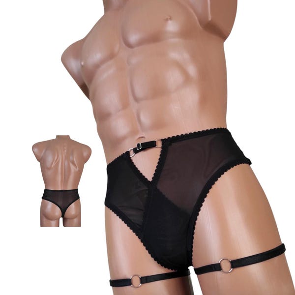 See though garter thong for Men Open Back Sissy lingerie with straps Gay Men Outfit See though sheer underwear for men