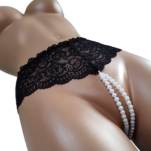 Grenlösa trosor med dubbla stringtrosor för pärlor Spets damtrosor med pärlor Genomskinliga underkläder Plusstorlekar Stringtrosor Bröllopsunderkläder Möhippa