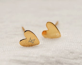 Personalized Handmade Jewelry Gift For Her Dainty Gold Initial Earrings Heart Earrings With Initial Custom Stud Earrings Everyday Earrings