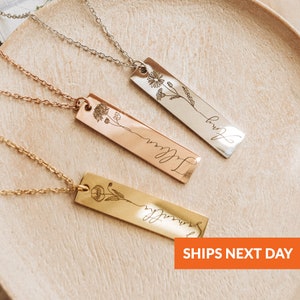 Personalized Birth Month Flower Necklace Bar Pendant Personalized Gift for Kid Handmade Necklace Back to College Gift for Her Custom Jewelry