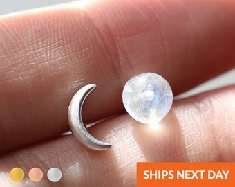 Raw Gem Jewelry Moonstone Mismatched Minimalist Earrings Geominimalist Crescent Moon Earrings Fine Jewelry Mothers Day Gift Celestial Boho