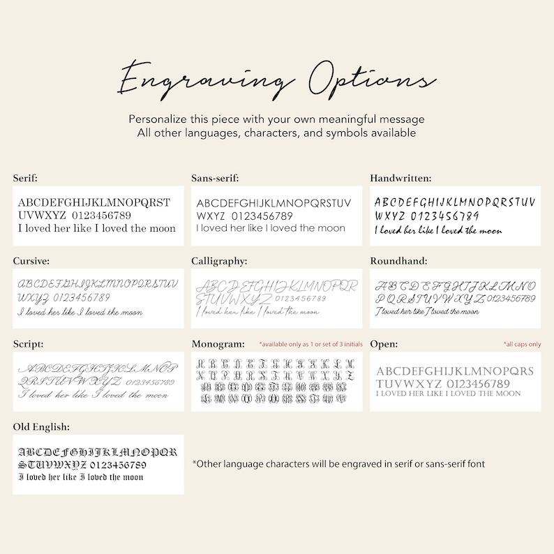 May include: Image displaying engraving options with different font styles. Styles include Serif, Sans-serif, Handwritten, Cursive, Calligraphy, Roundhand, Script, Monogram, Open, and Old English. The text "Engraving Options" is at the top, offering personalization.