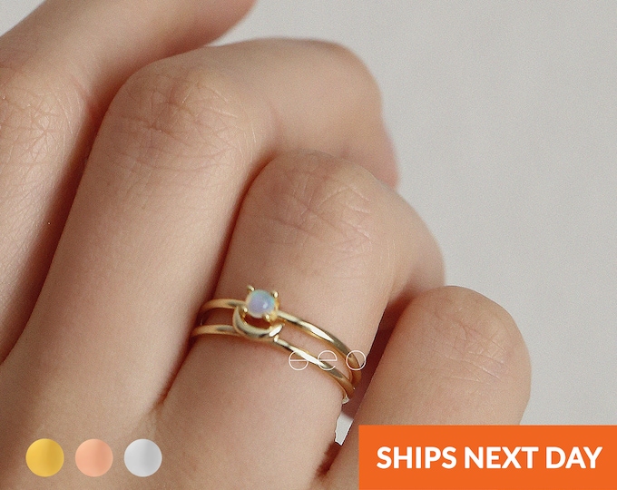 SET of 2 Stacking Rings Opal Ring for Women Gold Simple Dainty Jewelry ...