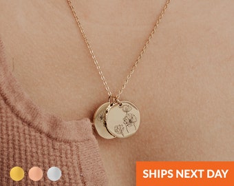 Birth Flower Necklace for Mom Gold Rose Gold Silver Grandma Birthday Gift for Mom Disc Necklace with Flowers Mothers Day Gift Ideas for Mom