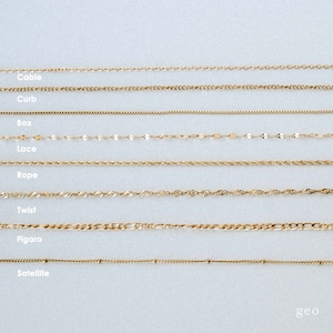 May include: A visual guide to different types of gold chain styles, including cable, curb, box, lace, rope, twist, figaro, and satellite.