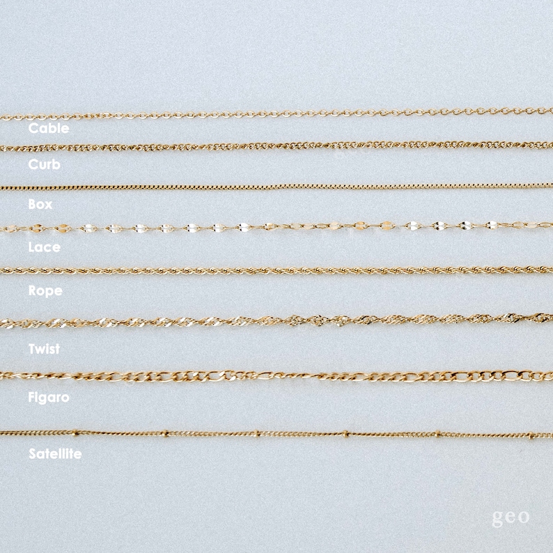 May include: A visual guide to different types of gold chain styles, including cable, curb, box, lace, rope, twist, figaro, and satellite.