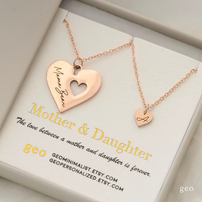 Personalized Mother Daughter Necklace Mommy and Me Two Necklace Set Unique Mothers Day Gift Gifts for Her Heart Necklace Child Mom Jewelry image 4