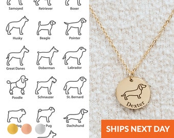 May include: A gold necklace with a round pendant featuring a dachshund silhouette and the name "Dexter" engraved on it. The necklace is displayed against a white background with a grid of dog breed illustrations.