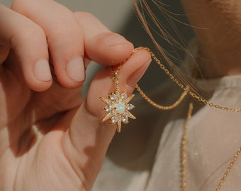 Genuine Opal Star Necklace Sterling Silver North Star Necklace Celestial Layering Gemstone Jewelry For Women Mom Jewelry Mother's Day Gift
