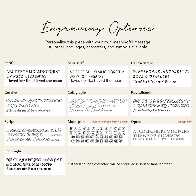 K&ouml;nnte beinhalten: Eine Tabelle mit verschiedenen Schriftarten f&uuml;r Gravuroptionen. Die Optionen umfassen Serif, Sans-serif, Kursiv, Schreibschrift, Alt-Englisch, Kalligraphie, Handschrift, Rundschrift, Monogramm und Offen. Die Tabelle enth&auml;lt auch den Text "ABCDEFGHIJKLMNOPQRSTUVWXYZ 0123456789 I loved her like I loved the moon" in jeder Schriftart.