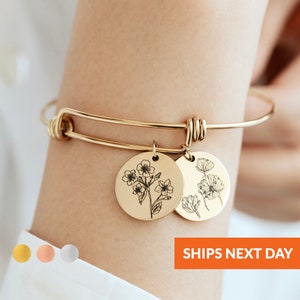 Personalized Gift for Mom Birth flower Jewelry Bangle Bracelet with Flower Charm Birth Month Flower Bangle Birth Flower Bracelet Birthflower