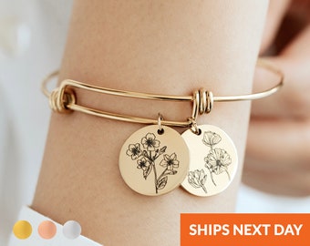 Personalized Gifts for Mom Birthflower Jewelry Bangle Bracelet with Flower Charms Nana Grandma Gift Birth Flower Bracelet Mothers Day Gift