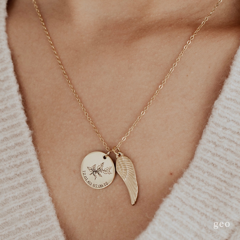 Personligt minneshalsband Födelseblommahalsband med vinge Minnesmycken Sorggåva Förlust av en närstående Mors dag-present bild 4