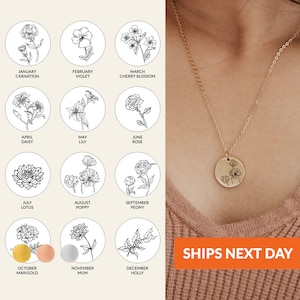 Personalized Birth Flower Necklace Dainty Flower Disc Charm Necklace New Mom Necklace Custom Birth Month Necklace Birthday Gift Gold Jewelry